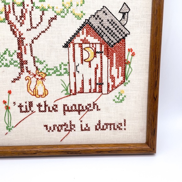 Vintage Cross Stitch Bathroom Sign No Job is Finished Wall Hanging - Picture 8 of 13